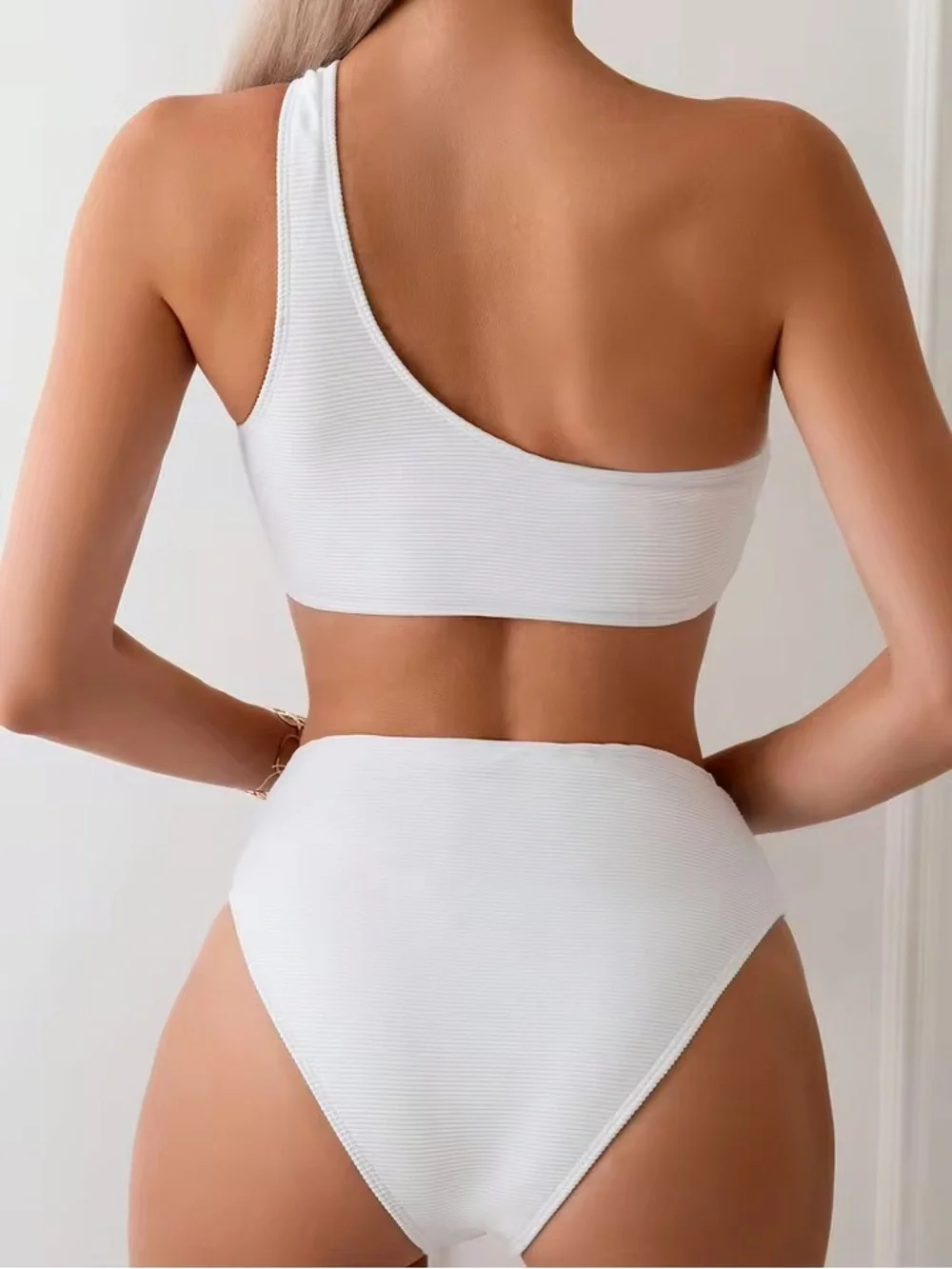 White One-Shoulder Asymmetric Bikini with Gold Ring Accents - Picture 5 of 11